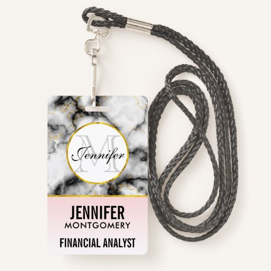 白モダン灰色の大理石と金ゴールドリボンモノグラム バッジ (裏面ランヤード)