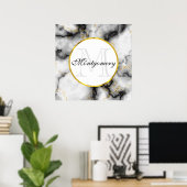白モダン灰色の大理石と金ゴールドリボンモノグラム ポスター (ホームオフィス)