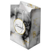 白モダン灰色の大理石と金ゴールドリボンモノグラム ミディアムペーパーバッグ (裏面アングル)