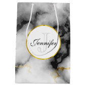 白モダン灰色の大理石と金ゴールドリボンモノグラム ミディアムペーパーバッグ (裏面)