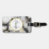 白モダン灰色の大理石と金ゴールドリボンモノグラム ラゲッジタグ (正面横)