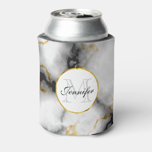 白モダン灰色の大理石と金ゴールドリボンモノグラム 缶クーラー (缶裏面)