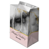 白モダン灰色の大理石、金ゴールドリボン誕生日 ミディアムペーパーバッグ (裏面アングル)