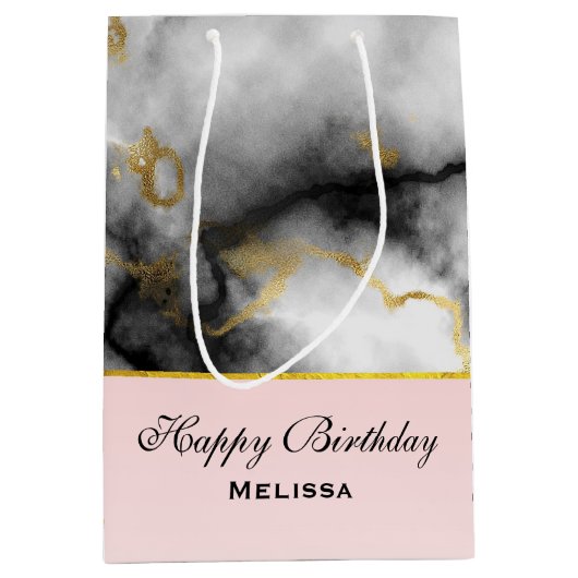 白モダン灰色の大理石、金ゴールドリボン誕生日 ミディアムペーパーバッグ (正面)