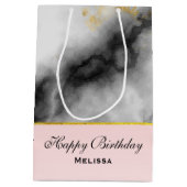 白モダン灰色の大理石、金ゴールドリボン誕生日 ミディアムペーパーバッグ (裏面)