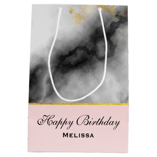 白モダン灰色の大理石、金ゴールドリボン誕生日 ミディアムペーパーバッグ (裏面)