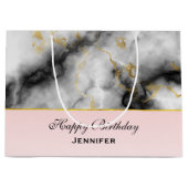 白モダン灰色の大理石、金ゴールドリボン誕生日 ラージペーパーバッグ (正面)