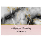 白モダン灰色の大理石、金ゴールドリボン誕生日 ラージペーパーバッグ (裏面)