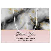 白モダン灰色の大理石、金ゴールドリボ結婚ン ラージペーパーバッグ (裏面)