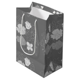 白モダン灰色の花柄 ミディアムペーパーバッグ