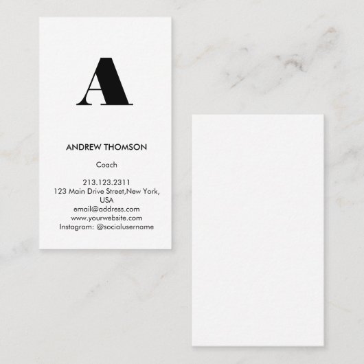 白モダン無地のミニマルモノグラム垂直 名刺 (正面/裏面)