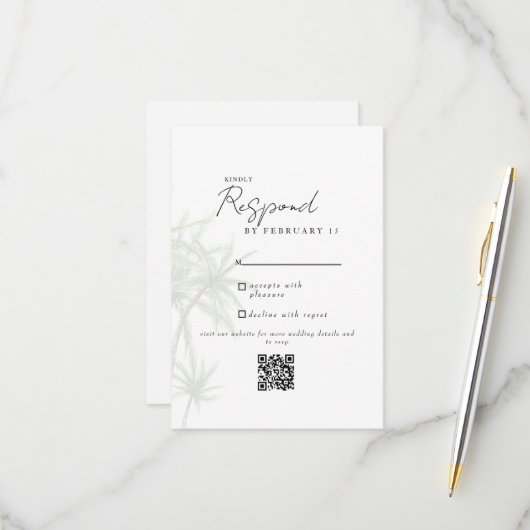 白モダン熱帯結婚QRコードRSVP II 出欠カード (正面/裏面インサイチュ)