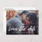 白モダン筆のスクリプト写真の保存日付 案内ポストカード (正面/裏面)