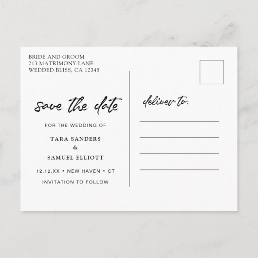 白モダン筆のスクリプト写真の保存日付 案内ポストカード (裏面)