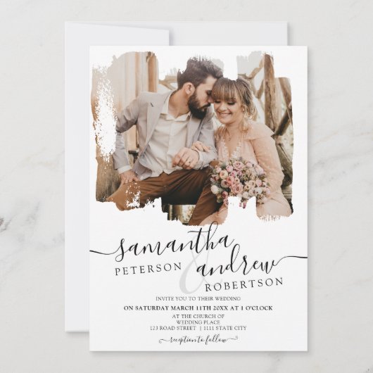 白モダン筆の台本2枚結婚写真 招待状 (裏面)