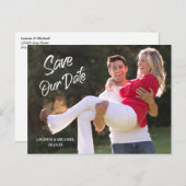 白モダン筆スクリプト日付を保存結婚する ポストカード (正面/裏面)