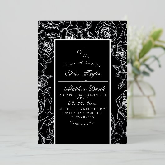 白モダン紅花結婚箔 箔招待状 (立ち正面)