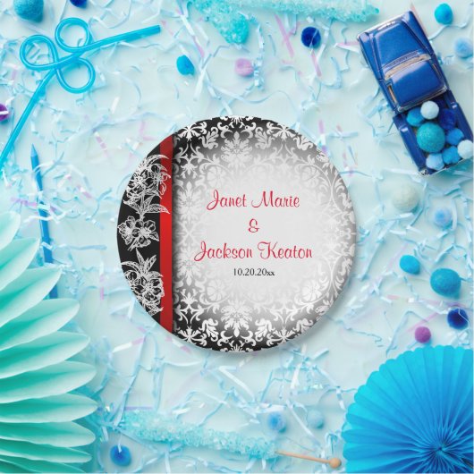 白モダン結婚黒と赤のダマスク ペーパープレート (パーティー)
