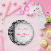 白モダン結婚黒と赤のダマスク ペーパープレート (パーティー)