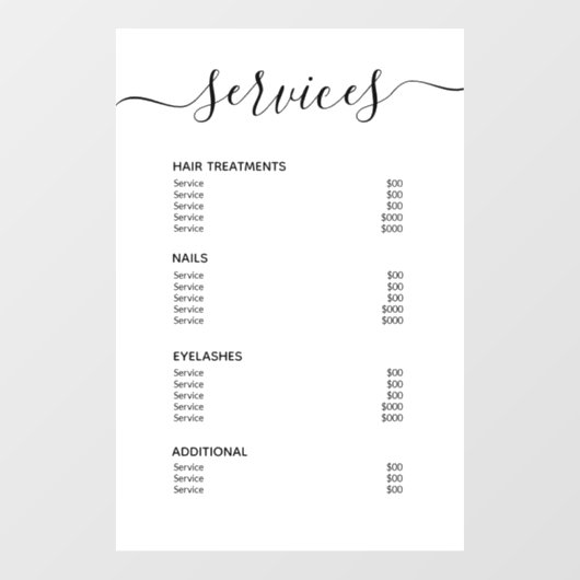 白モダン美容師価格表サービス・メニュー ウィンドウサイン (シート)
