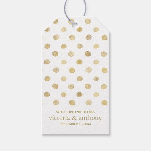 白モダン色と金ゴールド水玉模様結婚式の引き出物 ギフトタグ (正面)