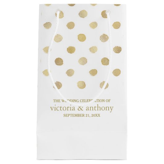 白モダン色と金ゴールド水玉模様結婚式の引き出物 スモールペーパーバッグ (正面)