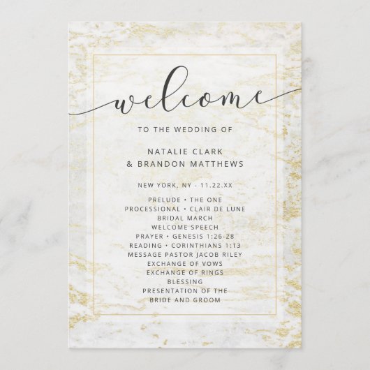 白モダン色の金ゴールドの結婚儀式 プログラム (正面)