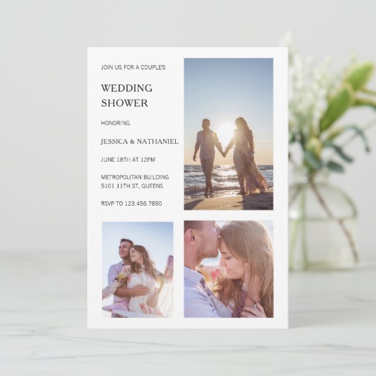 白モダン色写真コラージュカップルのウェディングシャワー 招待状 (スタンド正面)