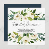 白モダン花模様グリーンファースト聖餐式 招待状 (正面/裏面)