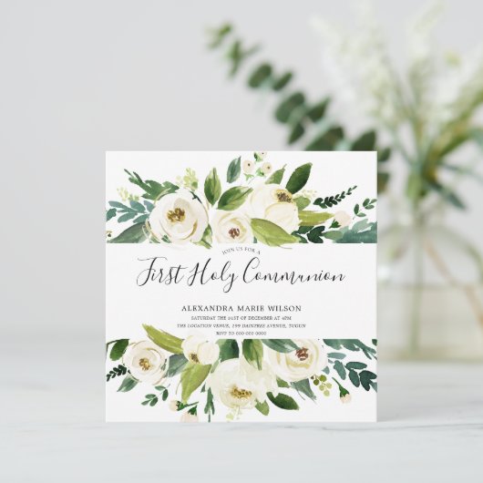 白モダン花模様グリーンファースト聖餐式 招待状 (スタンド正面)