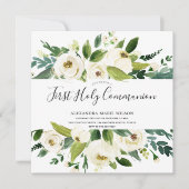 白モダン花模様グリーンファースト聖餐式 招待状 (正面)