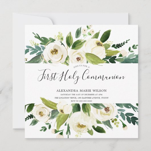 白モダン花模様グリーンファースト聖餐式 招待状 (正面)