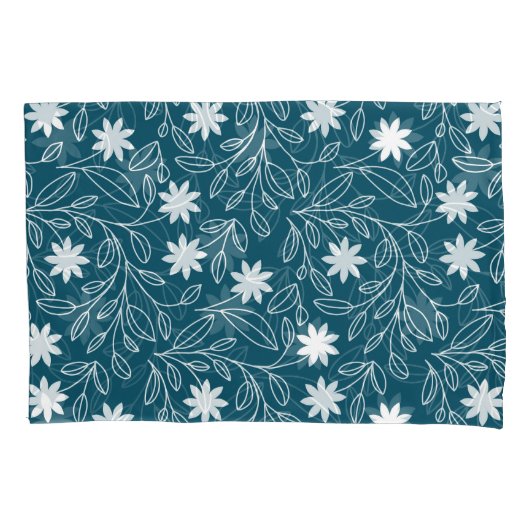 白モダン花葉ティール(緑がかった色)青 枕カバー (正面左)