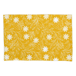 白モダン花葉黄 枕カバー