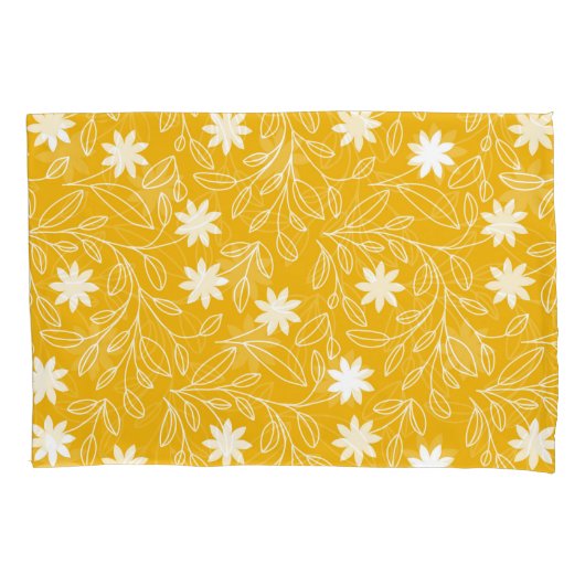 白モダン花葉黄 枕カバー (正面左)