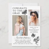 白モダン蝶の写真卒業パーティー 招待状 (正面)