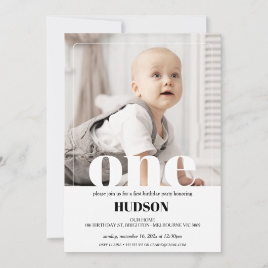 白モダン語フォト1st誕生日招待状 招待状 (正面)