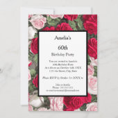 白モダン赤のバラの誕生日パーティー 招待状 (正面)