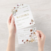 白モダン野の花の花束ディナー オールインワン招待状 (貼ってはがせる)