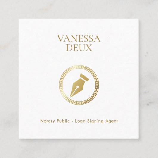 白モダン金ゴールドエレガントペンアイコンQRコード公証人 スクエア名刺 (正面)