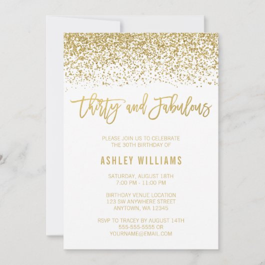 白モダン金ゴールドグリッター30ファブラス誕生日 招待状 (正面)