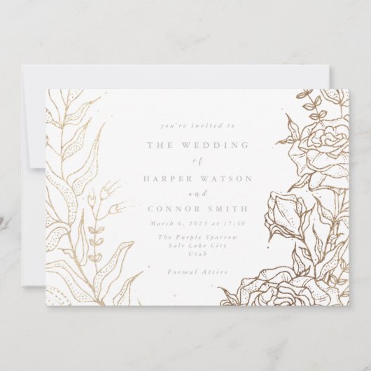 白モダン金ゴールドブラックエレガントフローラ結婚ズ 招待状 (正面)