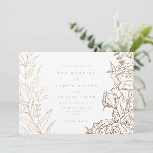 白モダン金ゴールドブラックエレガントフローラ結婚ズ 招待状 (スタンド正面)