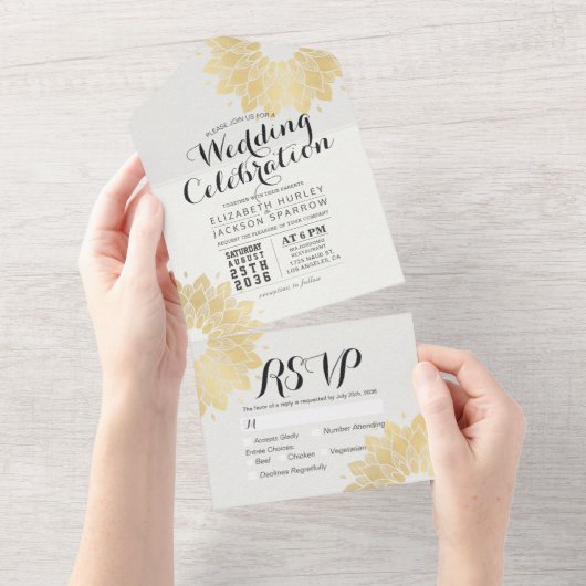 白モダン金ゴールドマンダラフラワーシック結婚式RSVP オールインワン招待状 (貼ってはがせる)