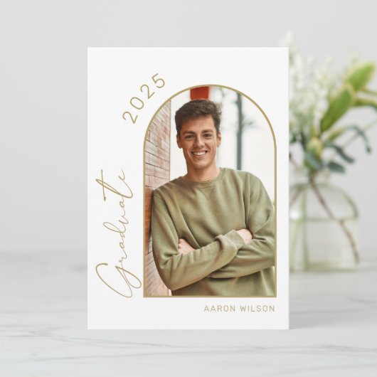 白モダン金ゴールド写真卒業パーティー 招待状 (スタンド正面)