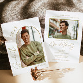 白モダン金ゴールド写真卒業パーティー 招待状