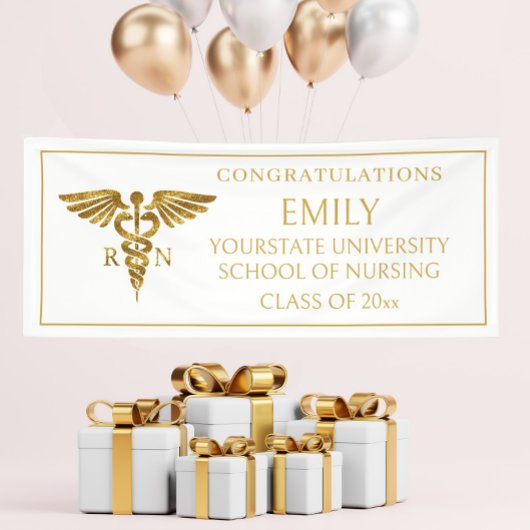 白モダン金ゴールド看護学校RN卒業 横断幕