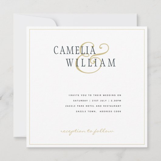 白モダン金ゴールド結婚式招待状クラシック (正面)