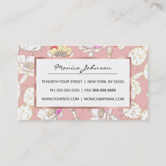 白モダン金ゴールド赤面ピンクサボテン花柄 名刺 (裏面)