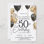 白モダン金ゴールド黒気球50誕生日 招待状 (正面)